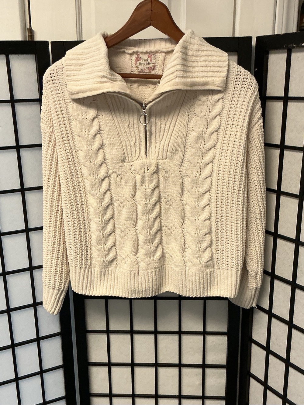 Pink Republic Cream Cable-Knit Half-Zip Turtleneck Sweater